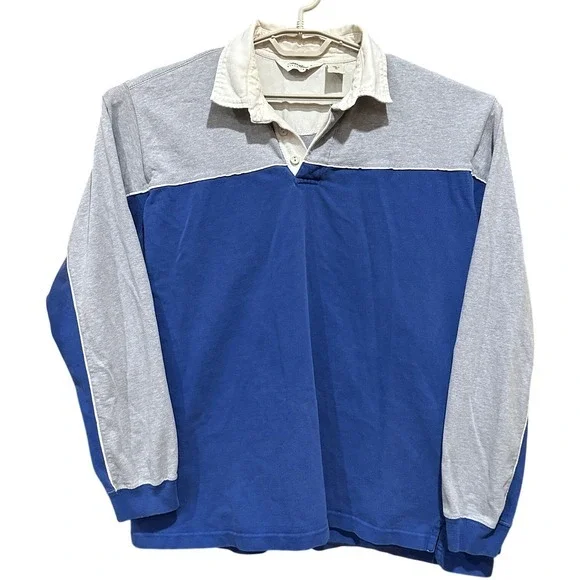 Vintage Eddie Bauer Polo Shirt Men XLT Blue Gray Long Sleeve Rugby Retro FLAW - Picture 1 of 10